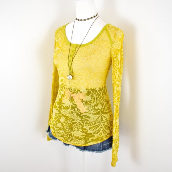 Intimately Free People Bitter Yellow Sheer Damask Burnout Long Sleeve Henley Top - Picture 2 of 7